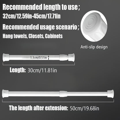 Telescopic rod with strong spring, easy to install, suitable for various uses like shower curtain, wardrobe support, towel rod.