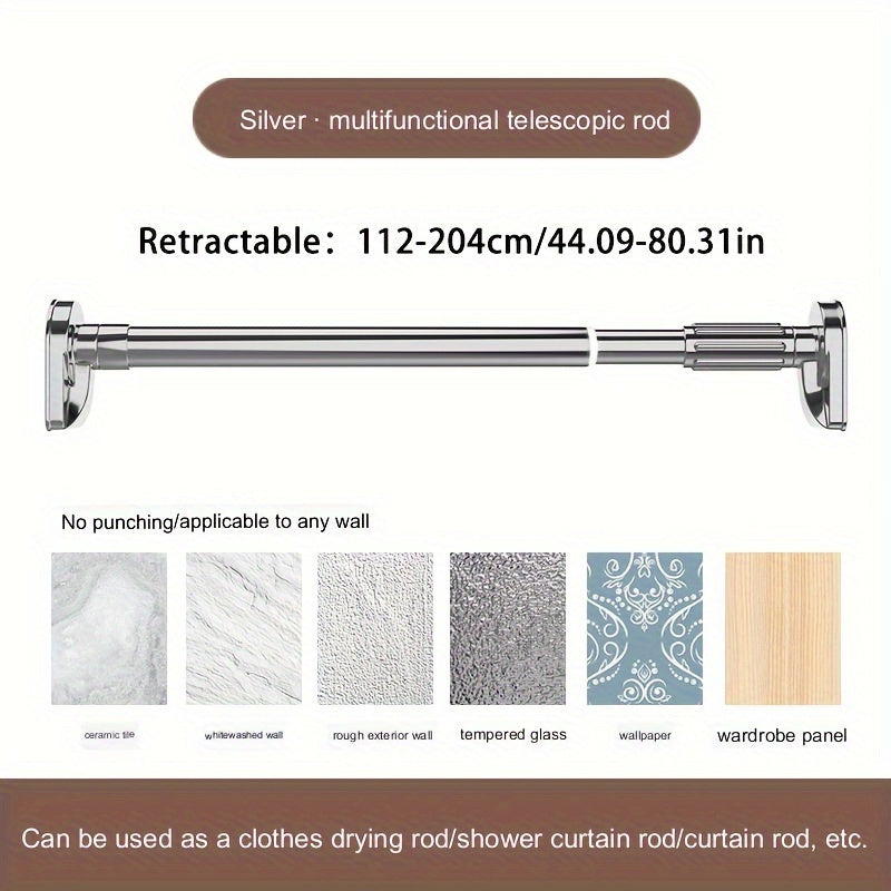 25 square head tubes, telescopic rod with adjustable tension, plastic base with stainless steel tube. Available in silvery, black, white, and gray. Versatile rod for shower curtain, wardrobe, clothes drying, curtain, door curtain. Suitable for bathroom