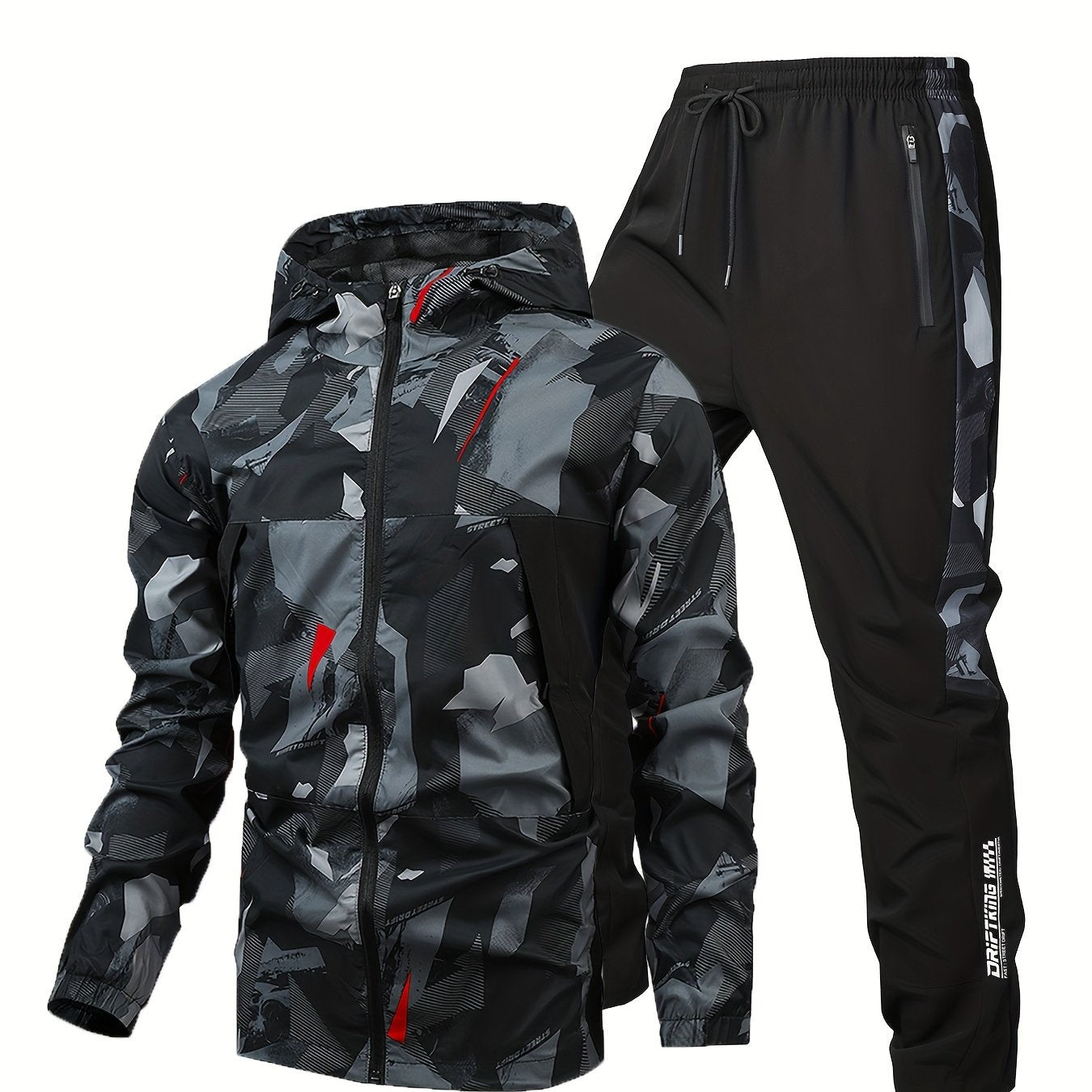 Men's Camo Windproof Athletic Set - All-Season Sports Hooded Jacket & Pants, Quick-Dry, Breathable, Reflective, Full-Zip Gym Suit with Slight Stretch, Polyester & Elastane, Outdoor Fitness