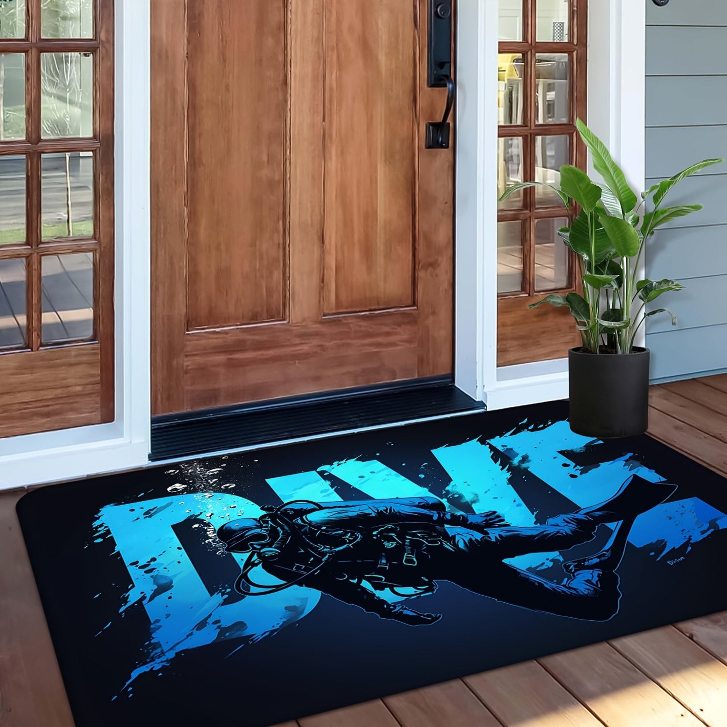 Flannel Anti-Fatigue Doormat "Diver" - 1 Piece - Absorbent, Non-Slip, Machine Washable Comfort Floor Mat with Underwater Design for Entryway, Kitchen, Living Room, Bedroom, Laundry