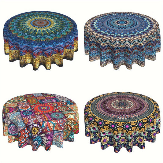 1 piece Bohemian Mandala Round Tablecloth - Waterproof Polyester for Kitchen, Dining, Holidays, Picnics, Camping