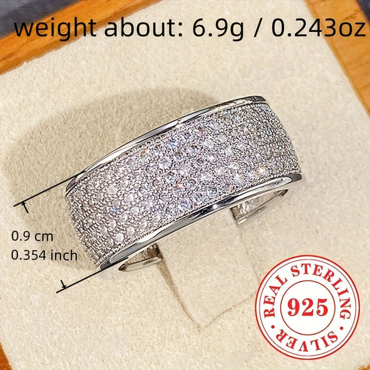 Elegant Wide Sterling Silver Ring for Women, Featuring 6.9 Grams of 925 Silver and Sparkling Zirconia, Perfect for Weddings and Special Occasions.