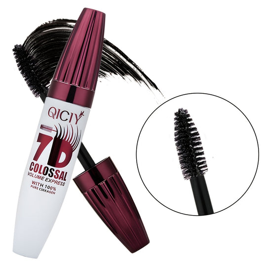 QIcy 7D Colossal Volume Waterproof Mascara - Natural, Smudge-Proof, Long-Lasting Curl & Thick Black Lash Extension Primer with Fine Orchid Extract for All Skin Types, All-Day Eyelash