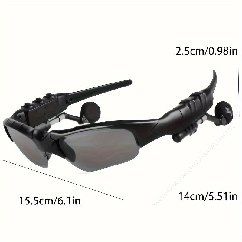 Wireless Glasses with headset, mic, and USB charging for outdoor activities.