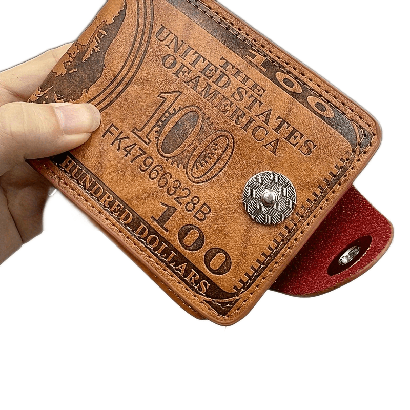 Men's PU leather wallet with dollar bill print, featuring a snap closure.