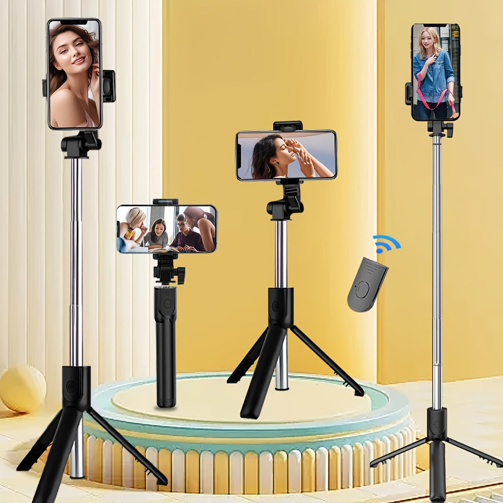 Durable tripod for smartphones and cameras with anti-shake selfie stick, ideal for indoor/outdoor live streaming and photography, made of ABS material.