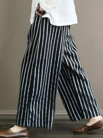 Casual striped wide-leg pants for women with elastic waistband; high-waisted and flowy polyester trousers; machine washable; ideal for spring/summer/fall.