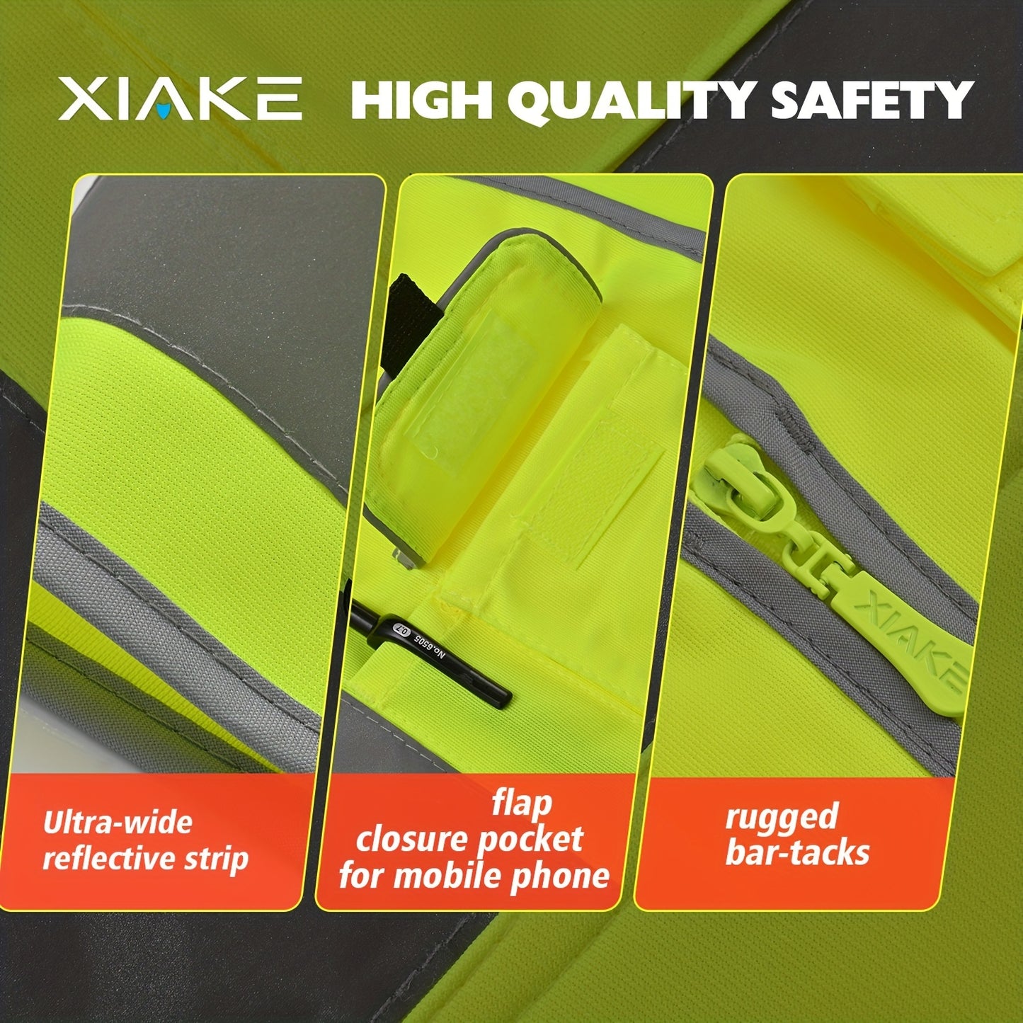 Stay safe and visible in ANSI/ISEA certified reflective safety vest with 8 pockets and zipper.