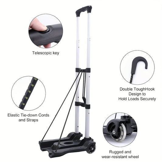 Black Folding Hand Truck Dolly with Rubber Wheels, Lightweight Aluminum Luggage Cart, Collapsible and Portable for Travel and Moving, Made of Metal and Plastic Materials, No Electricity Needed (1 piece)