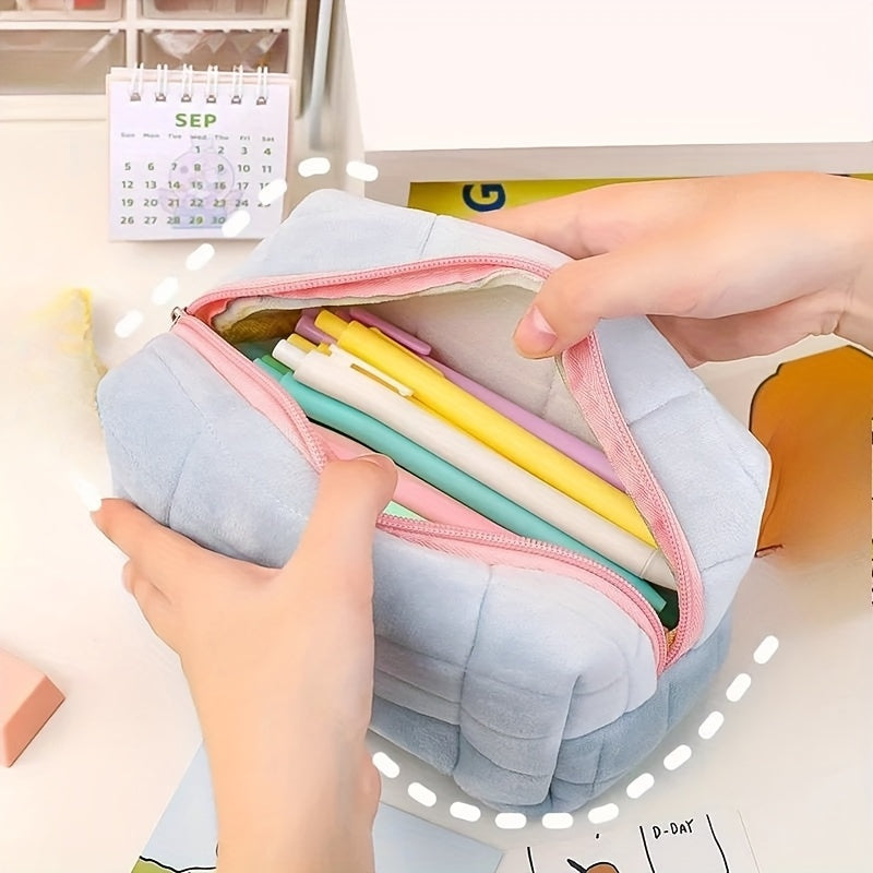 Large capacity solid color pillow pencil case, perfect for girls in school or office.