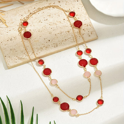 Stylish Long Layered Necklace designed for Women, Features a Minimalistic Iron Chain adorned with Plastic Gemstones, Perfect for both Everyday Wear and Special Occasions, Complete your Look with this fashionable Jewelry Ensemble.