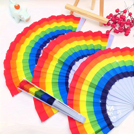 Set of 12 Rainbow Folding Fans - Vibrant Linen Fabric, Ideal for Fashionable Women & Festive Party Decor