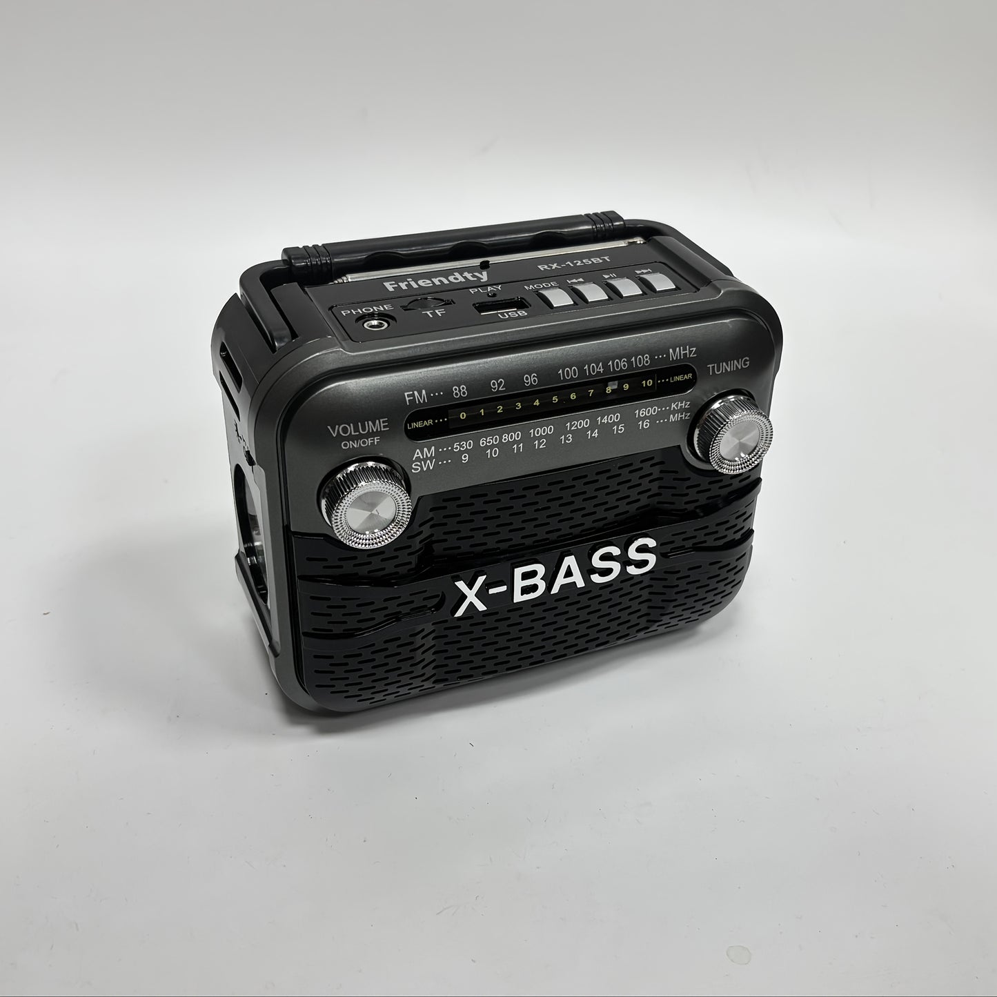 X-BASS Portable FM Radio with Flashlight - Rechargeable battery, multi-band, USB/TF/BT playback, 2-4 hour playtime, red & black, indoor/outdoor use.