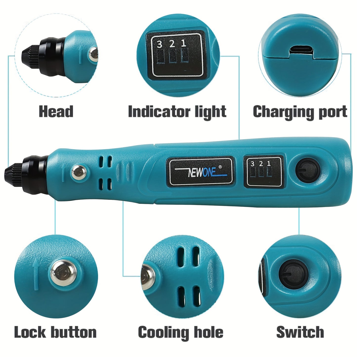 Compact cordless rotary tool with 3.6V and USB charging, includes 48 accessories for sanding, polishing, drilling, etching, engraving, and DIY crafts.