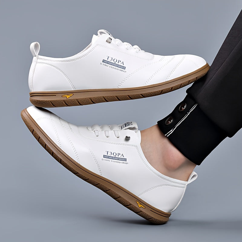 White slip-on loafers for men with brown accents, non-slip sole, and elastic laces for casual and outdoor wear.