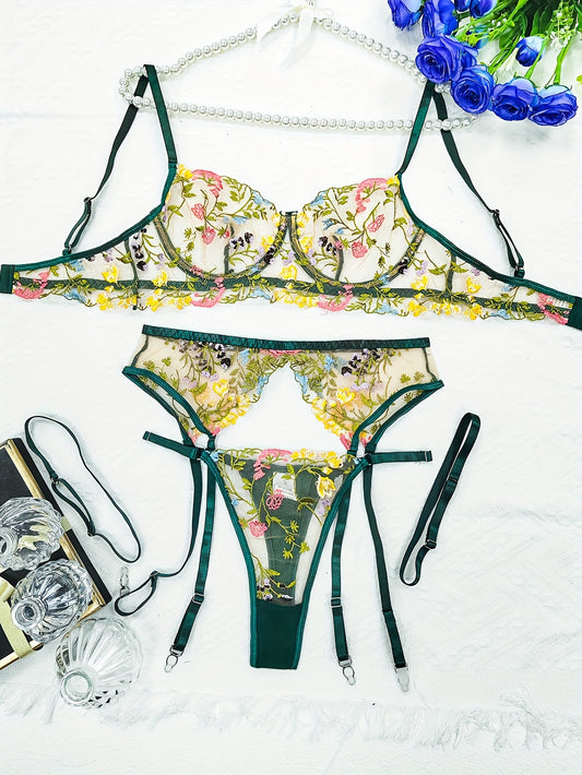 Women's sexy lingerie set with floral embroidery, semi-sheer fabric, bra, garter belt, and thong.