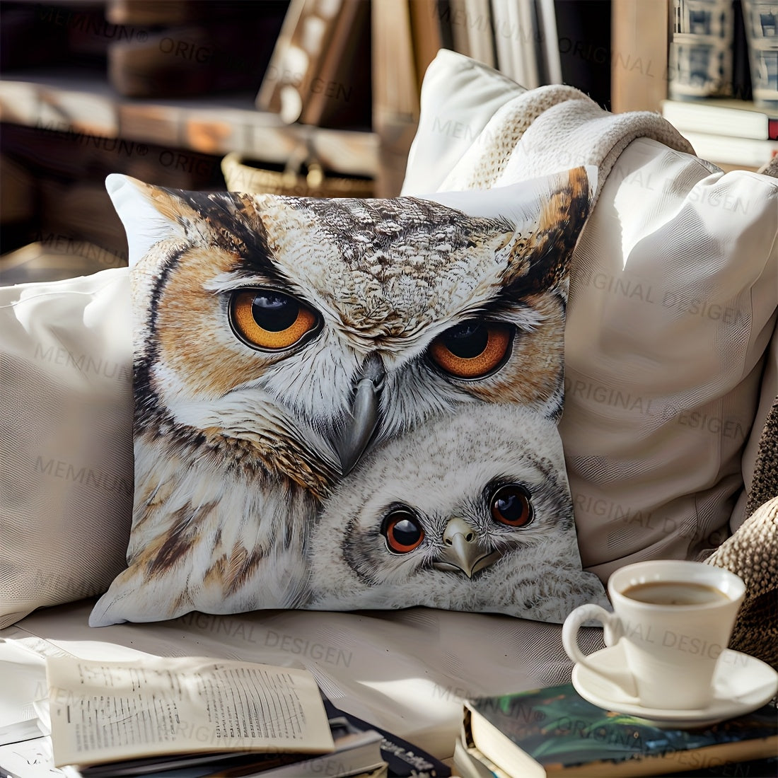 Adorable owl illustration throw pillow cover, 44.96x44.96cm, perfect for living room and bedroom. Machine washable polyester with zip closure. Insert not included.