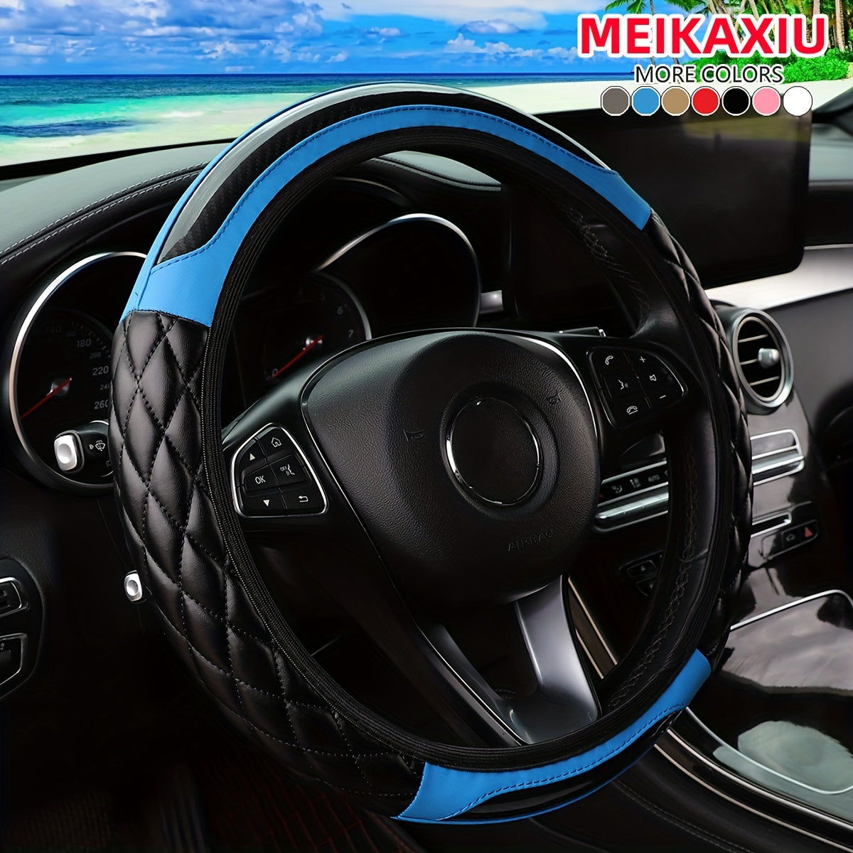 MEIKAXIU 3D Embroidered Crystal Carbon Fiber Faux Leather Steering Wheel Cover, Universal Fit for 36.83-38.1 cm, Available in 5 colors.