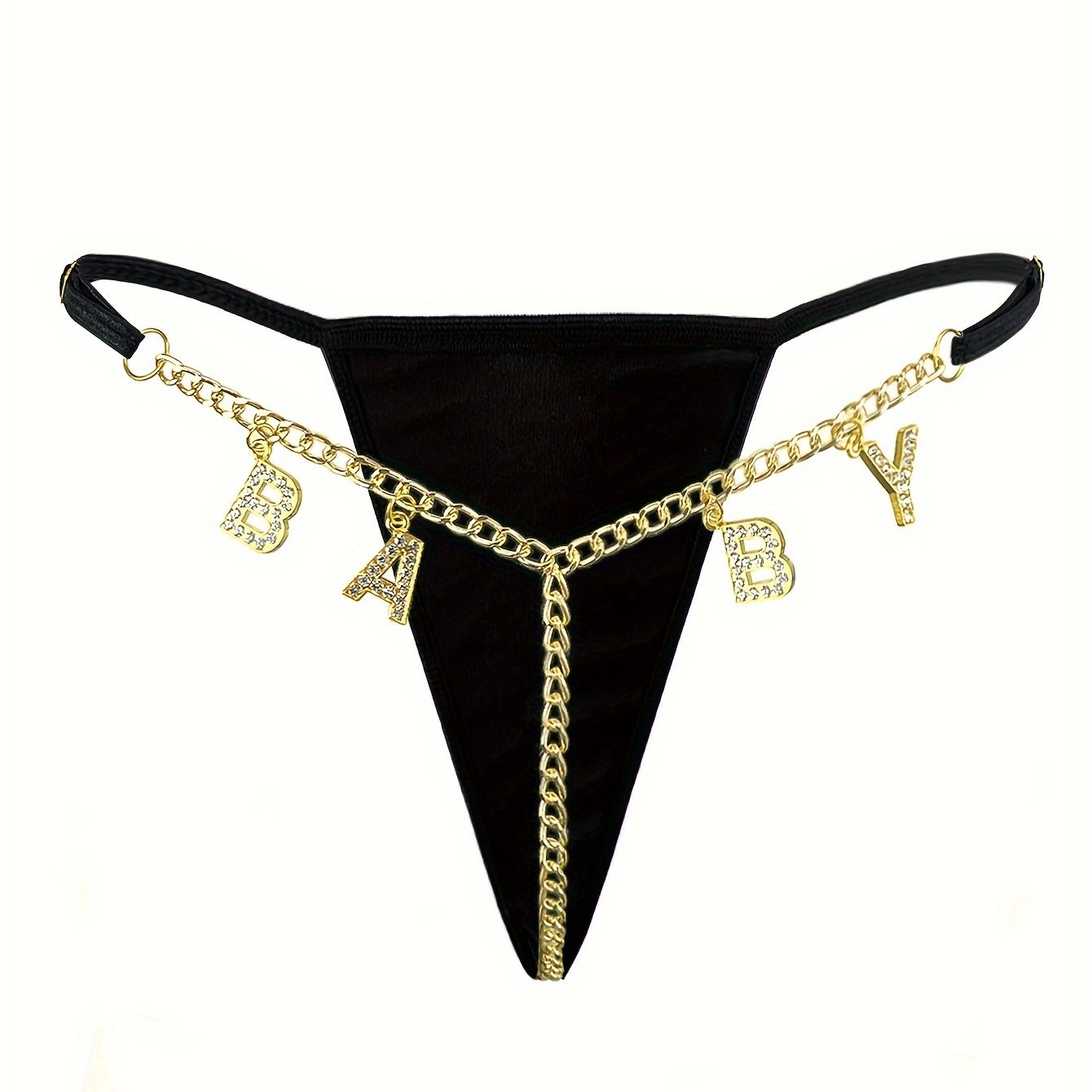 Rhinestone Letter Decorated Golden Chain Thong for Women