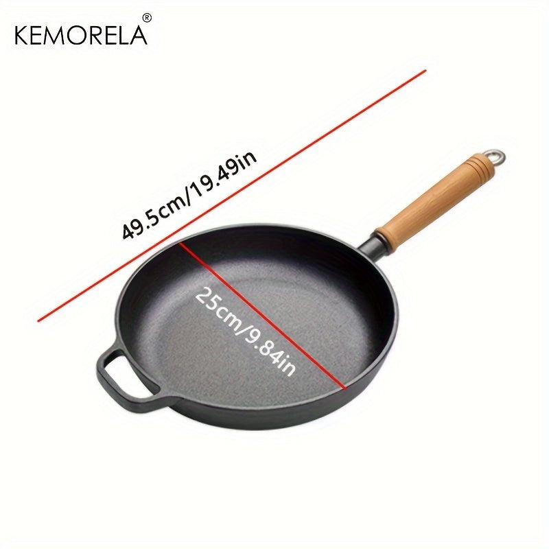 Experience the quality of the KEMORELA Premium Cast Iron Skillet. This uncoated, non-stick cookware is versatile and suitable for gas, electric, and induction stoves. Perfect for cooking steak, omelets, and more, this skillet features wooden anti-scald