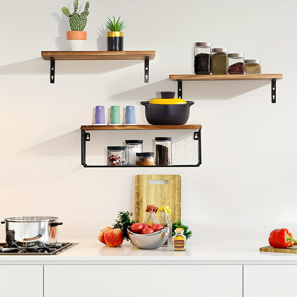 Solid Wood and Metal Wall Mounted Floating Shelves with Storage Basket for Bathroom Organization Over Toilet - Modern Open-Storage Shelves for Kitchen and Living Room Home Decor, Made with Durable Hardwood Construction.