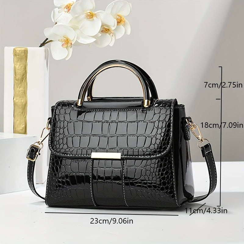 Stylish black crocodile pattern crossbody bag for women with magnetic closure and simple solid color design.