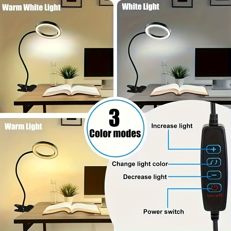 Study lamp with LED lights designed for eye protection, ideal for students learning to read or for use during manicures, facials, tattooing, eyebrow embroidery, and taking selfies. Includes a magnifying glass and can be clipped onto a desktop for