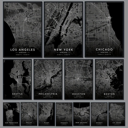 Large US City Line Art Map Poster in Minimalist Style - Black, 1pc (No Frames Included) for Room Decor in New York, Los Angeles, Miami, Chicago, Boston, Houston, and Las Vegas. Perfect for Living Room or Bedroom Wall Painting, Size A3 16.5"x11.8"