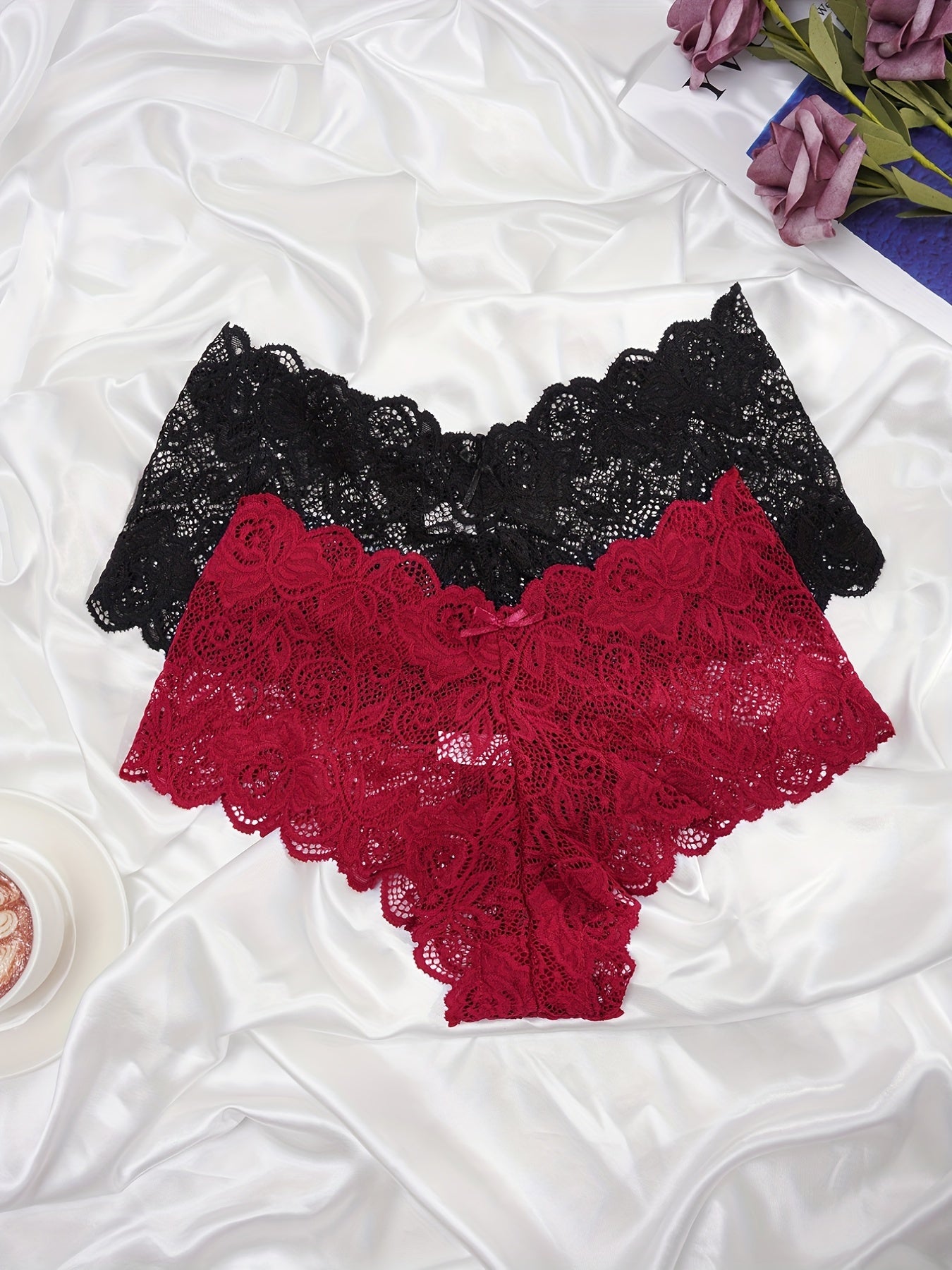 Set of 2 Floral Lace Panties, Comfy and Breathable with Scallop Trim