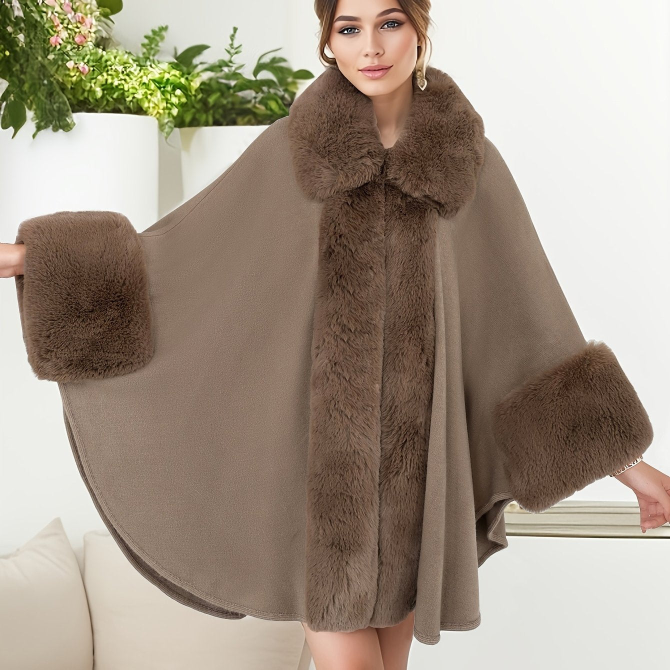 Women's Plus Size Fuzzy Trim Open Front Coat with Casual Collared Long Sleeve Cape Outerwear for Fall & Winter