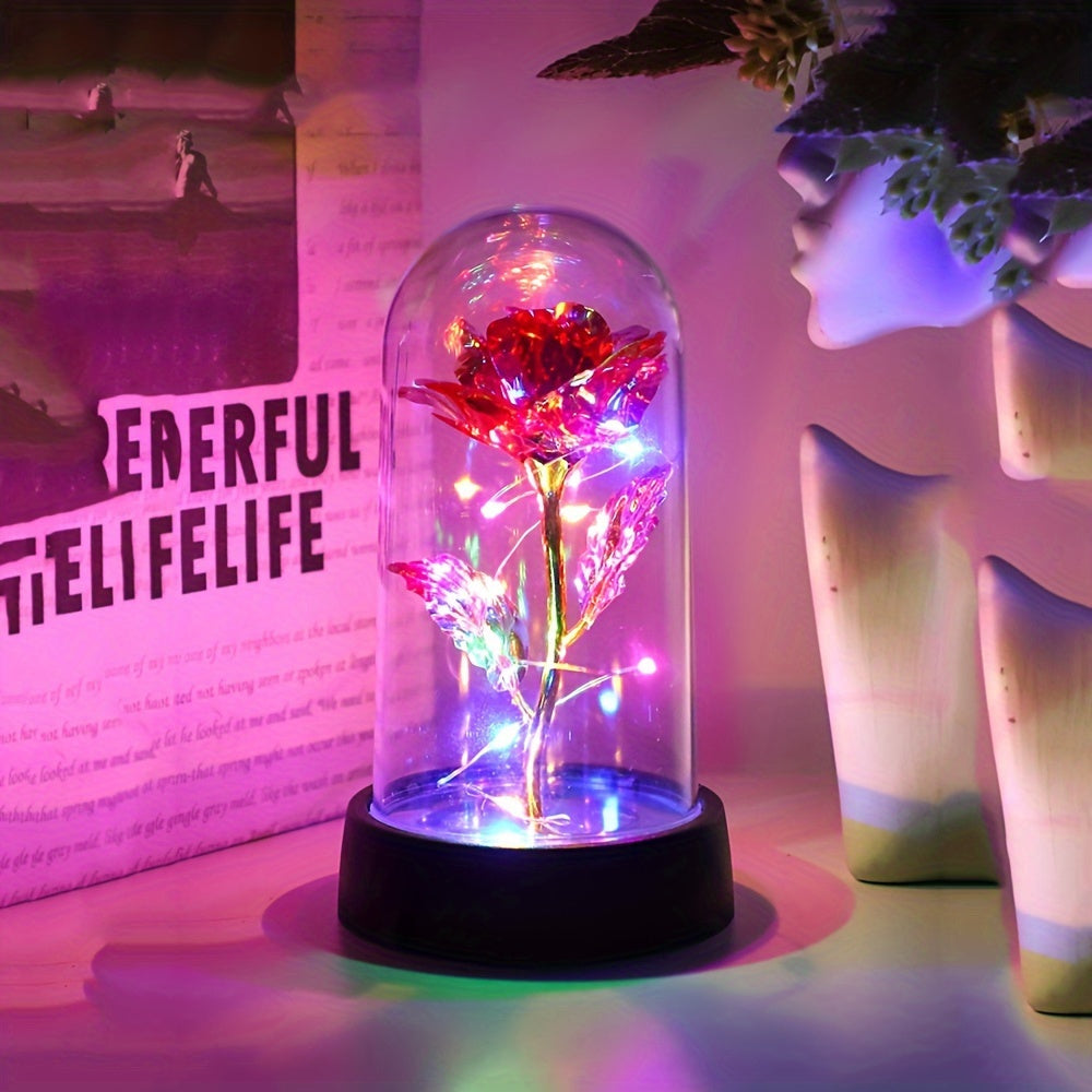 Battery-operated LED flower night light with rose pattern, plastic shade, non-rechargeable button batteries. Perfect for bedroom decor or romantic gifts.