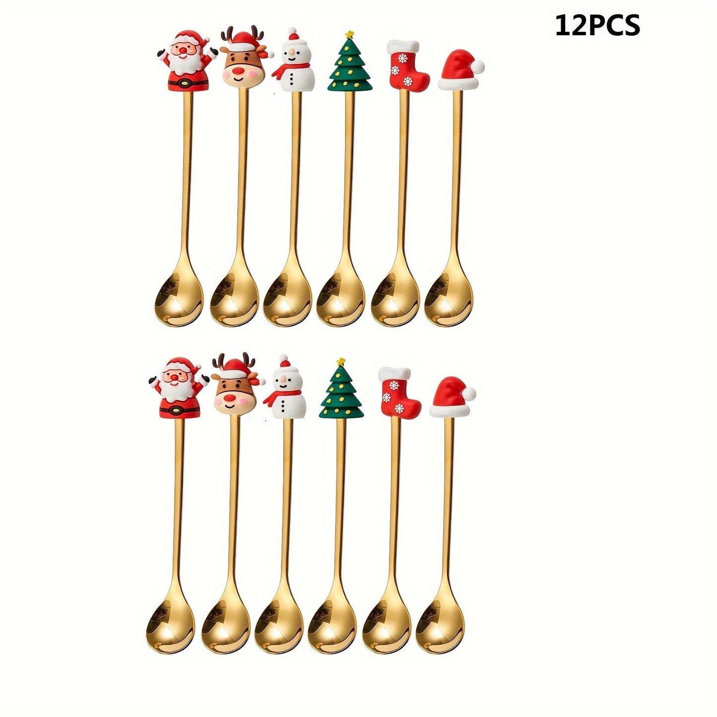 Set of 12 golden and silvery Christmas-themed coffee spoons, featuring cute doll designs. Made of stainless steel, this mixed set is perfect for use in restaurants during Christmas parties for serving desserts, coffee, milkshakes, jams, chocolates, and