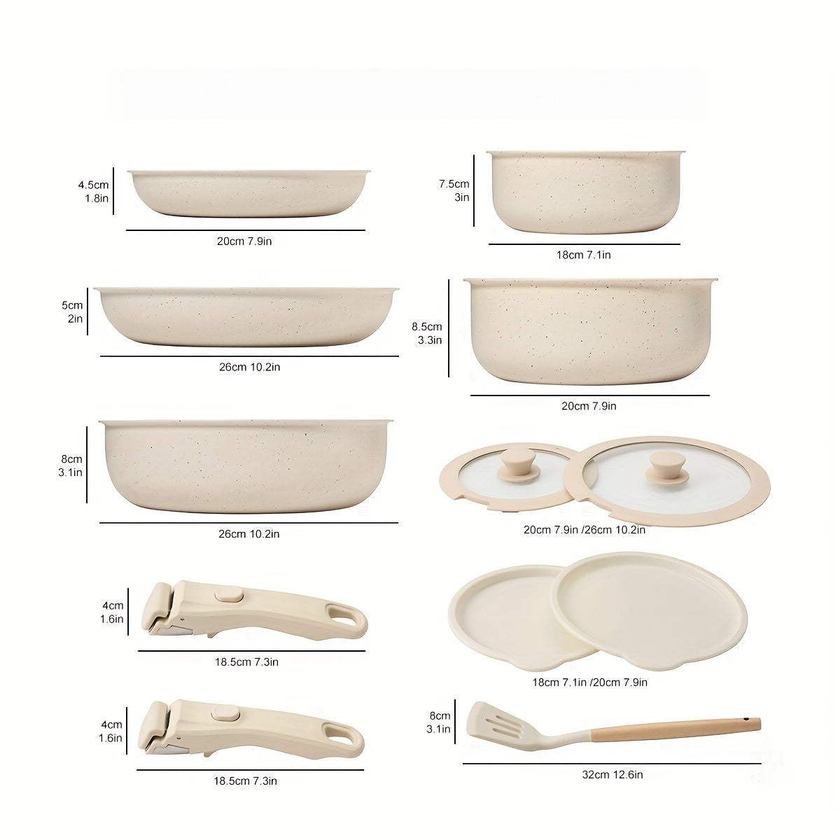 Set of 5/12 pieces Ceramic Nonstick Cookware with Removable Handles, suitable for Induction Cooking. This Kitchen Set is Stain & Scratch-resistant, Dishwasher and Oven safe, and is free from PFAS and PFOA chemicals. Available in Cream White color.