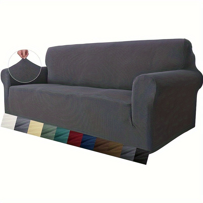 Jacquard fitted sofa slipcover with elastic band, machine washable polar fleece fabric. Compatible with various sofa sizes. Protects furniture from dust and cat scratches.