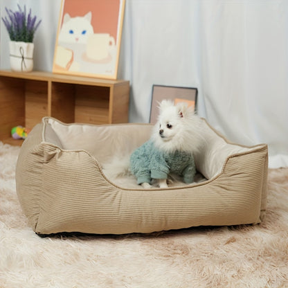 Square pet bed for medium to large dogs, cozy and warm with polyester fiber and pillow cushion, perfect for winter comfort. Beige, non-assemblable design.