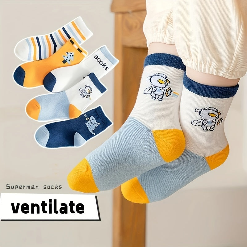 5 super cute superhero crew socks for kids made from cozy and skin-friendly polyester blend, featuring cartoon astronaut and striped designs, ideal for boys and girls during fall and winter.