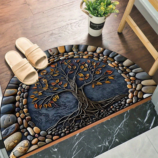 A durable and stylish Tree of Life Pebble Pattern Welcome mat with a washable design and silicone backing, suitable for use in various areas such as porches, living rooms, bedrooms, offices, and outdoor spaces. Enhance your home decor with this versatile