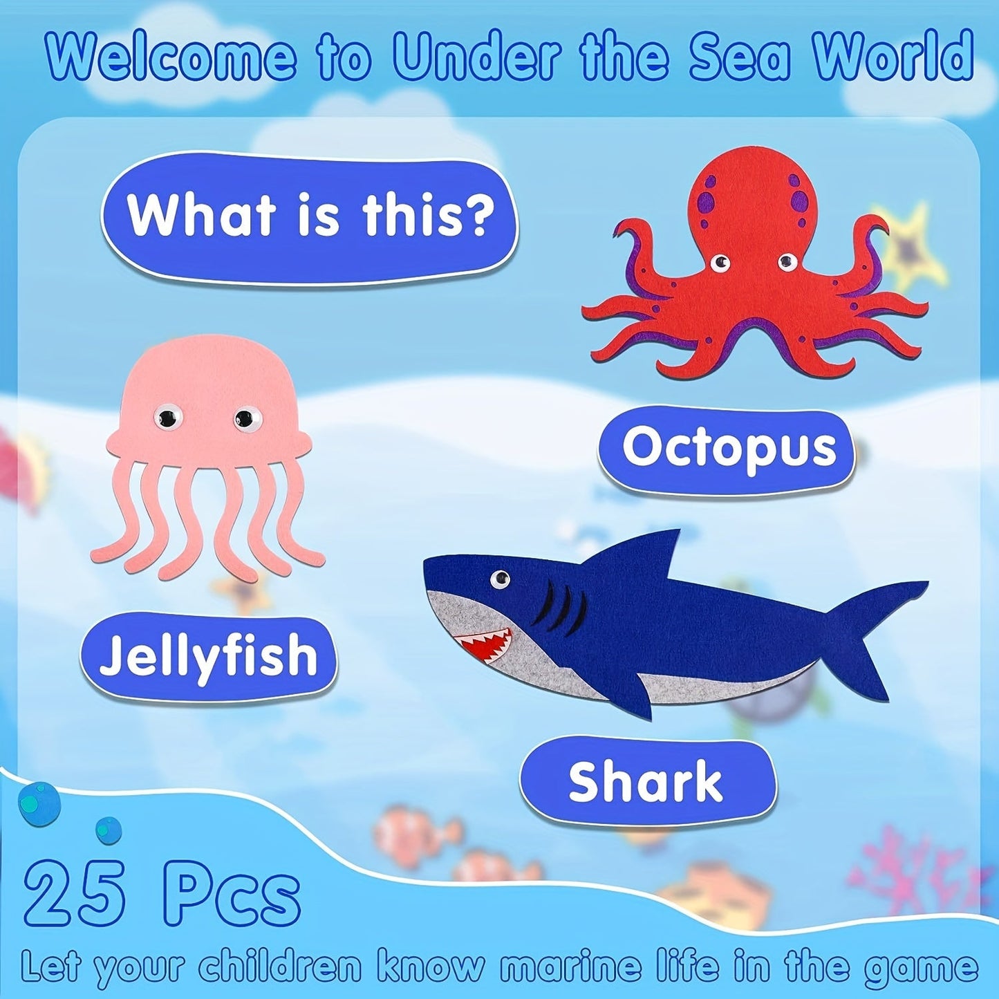 Ocean Animals Felt Board Set - Dive into the Underwater World with this interactive storytelling flannel toy set featuring a Shark, Octopus, Dolphin, and Turtle. Perfect for kids ages 3 and up, this wall hanging game is reusable and made from durable