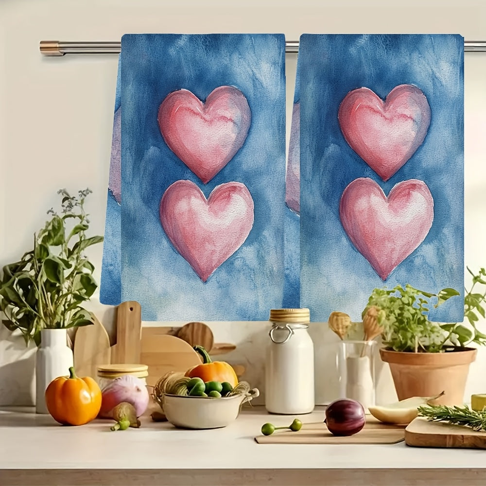 This set includes two ultra-soft kitchen towels with Valentine's hearts design, perfect for drying dishes. They are highly absorbent, suitable for holiday decoration, and can be easily machine washed. Each towel measures 40.64X60.96 cm.