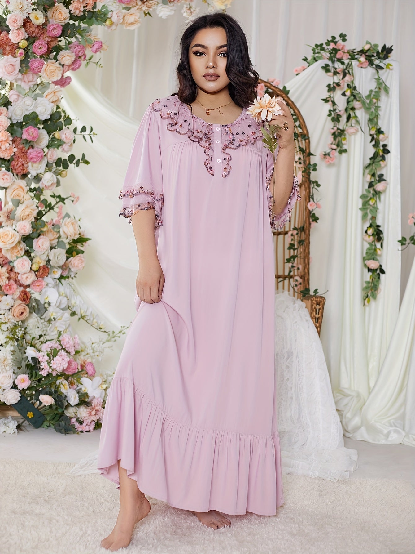 Floral Embroidered Lace Nightdress for Plus Size Women with Button Detail