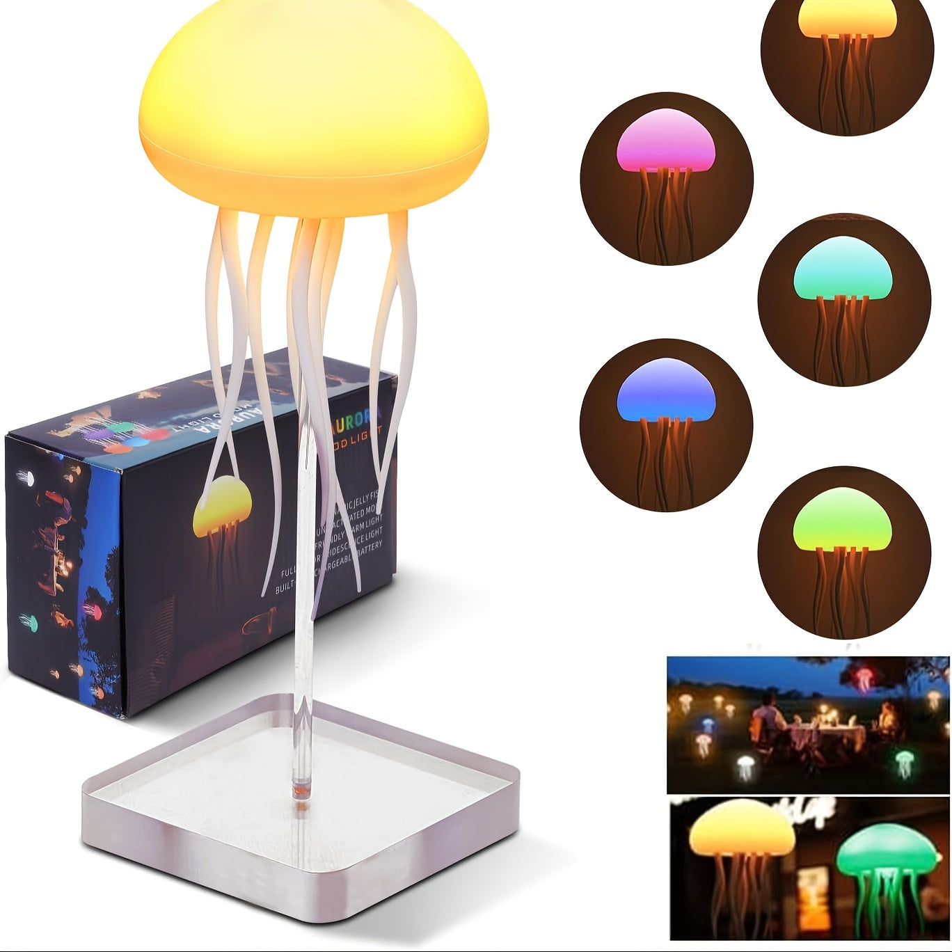 Jellyfish-shaped night light with color-changing, voice control, rotatable design. USB rechargeable with LED lights. Suitable for various uses, including office, bedroom, camping, outdoors.