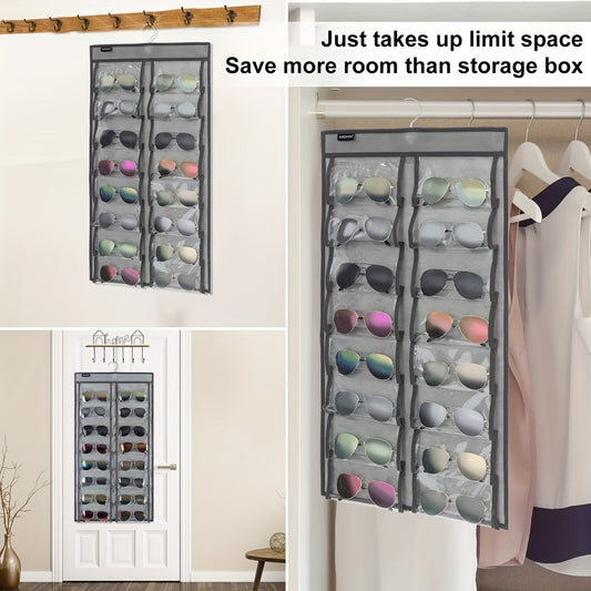 Dual Sided Hanging Sunglasses Organizer with 32 Dust Proof Pockets - Sunglass Rack for Home.