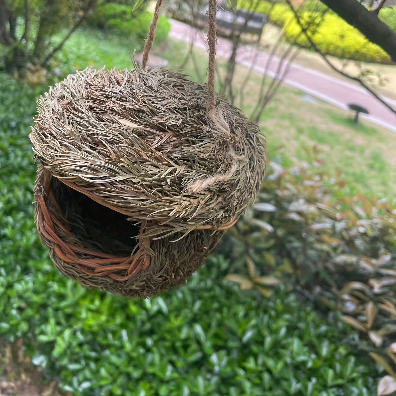 Handmade grass bird nest for small pets, woven with pine needles. Warm and coldproof, ideal hideout in pastoral yard. Aerial charm round bird house.