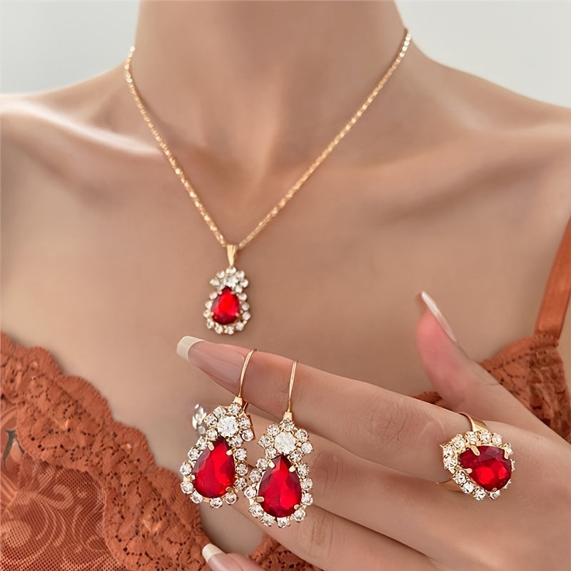 Stylish 4-piece alloy jewelry set for women with teardrop pendant, earrings, and ring - ideal fashion gift