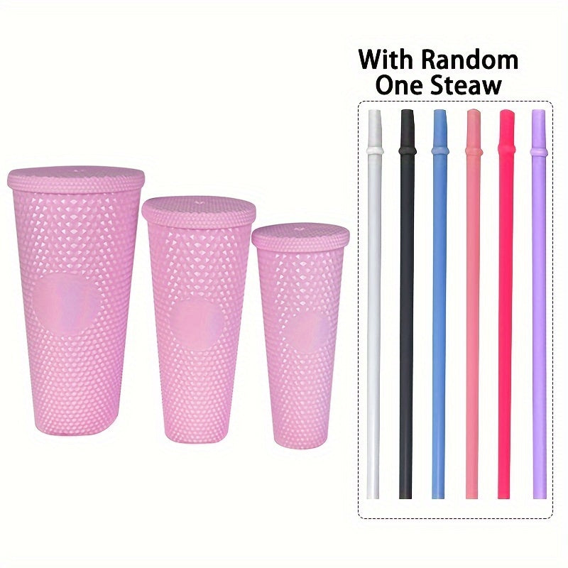 3 Durian Texture Reusable Water Bottles with Straw - Double Layer Plastic, BPA-Free, Pastel Pink & Blue, 450ml/700ml/1100ml for Travel, Fitness, Camping, and Daily Use