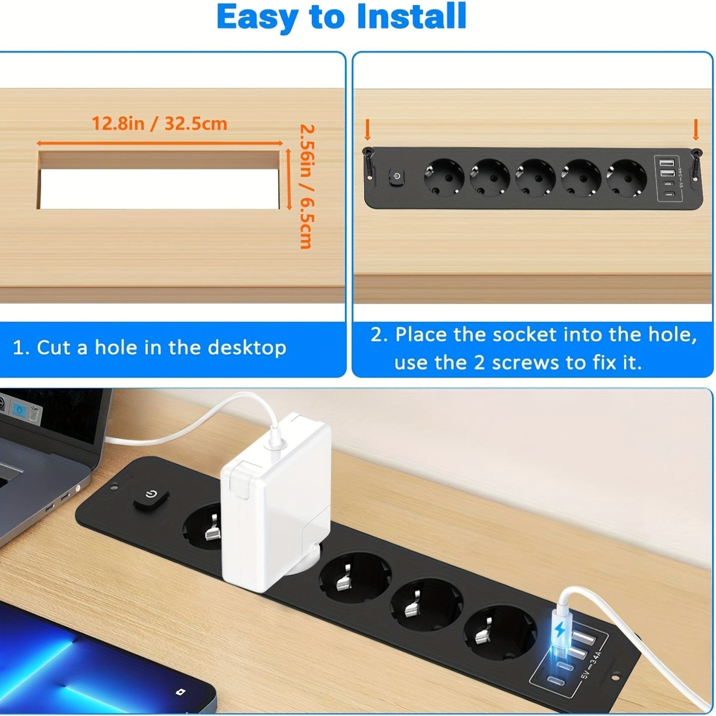 A versatile home USB power socket with 9 features including 4 USB ports, 5 DC sockets, one high-power socket, and a 6.56-foot extension cord, suitable for various settings.