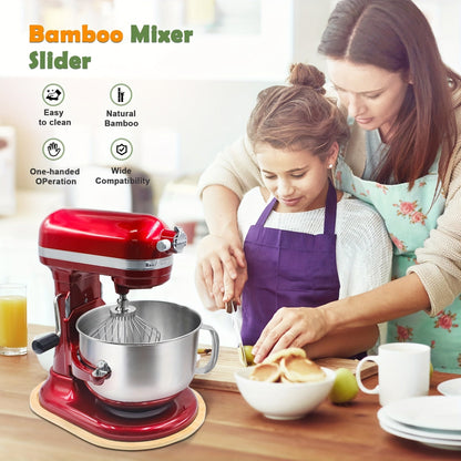 The Bamboo Mixer Moving Pad is designed to fit 5-8 Quart Stand Mixers, made from natural bamboo with no paint or smell. It is durable, resists mold and cracking, and easy to use. This countertop mixer storage and mobility accessory is a great addition to