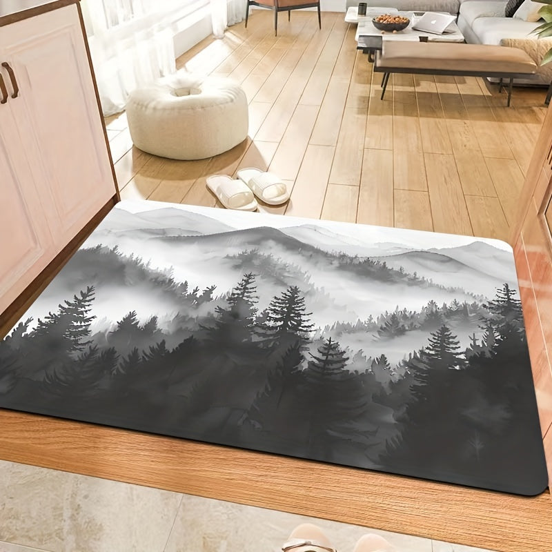 Forest Big Mountain Pattern Bathroom Carpet with Foam Cushion and Skid-Proof Bottom for Kitchen, Living Room, Bedroom, and Indoor Spaces. Machine Washable Entrance Doormat for Home Decor.