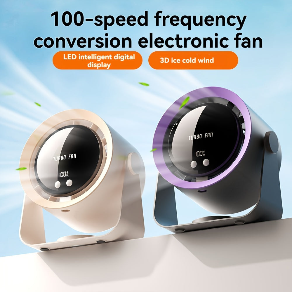 High-speed desk fan with LED display, 1-100 adjustable speed settings, energy-efficient, and quiet operation. Long-lasting battery life, adjustable angle for office, home, and bedroom use. USB rechargeable, 6.5W power, cord accessory, and easy button