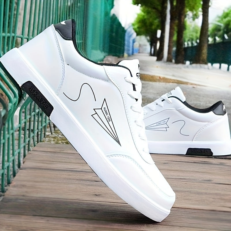 Men's fashion skateboard shoes with paper airplane pattern, low-top lace-up sneakers, comfortable non-slip sole, faux upper, fabric lining, round toe for outdoor activities all year round.